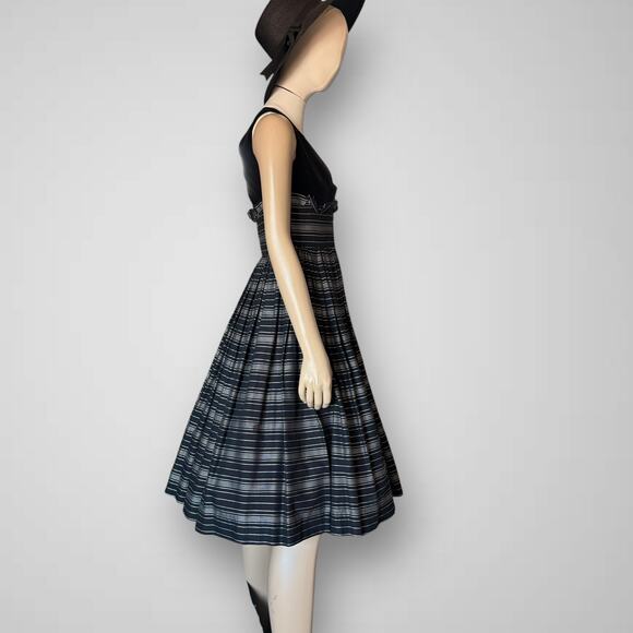 Vintage 1950s Velvet Striped Cotton Fit & Flare Party Dress Cupcake Black White - Picture 4 of 16